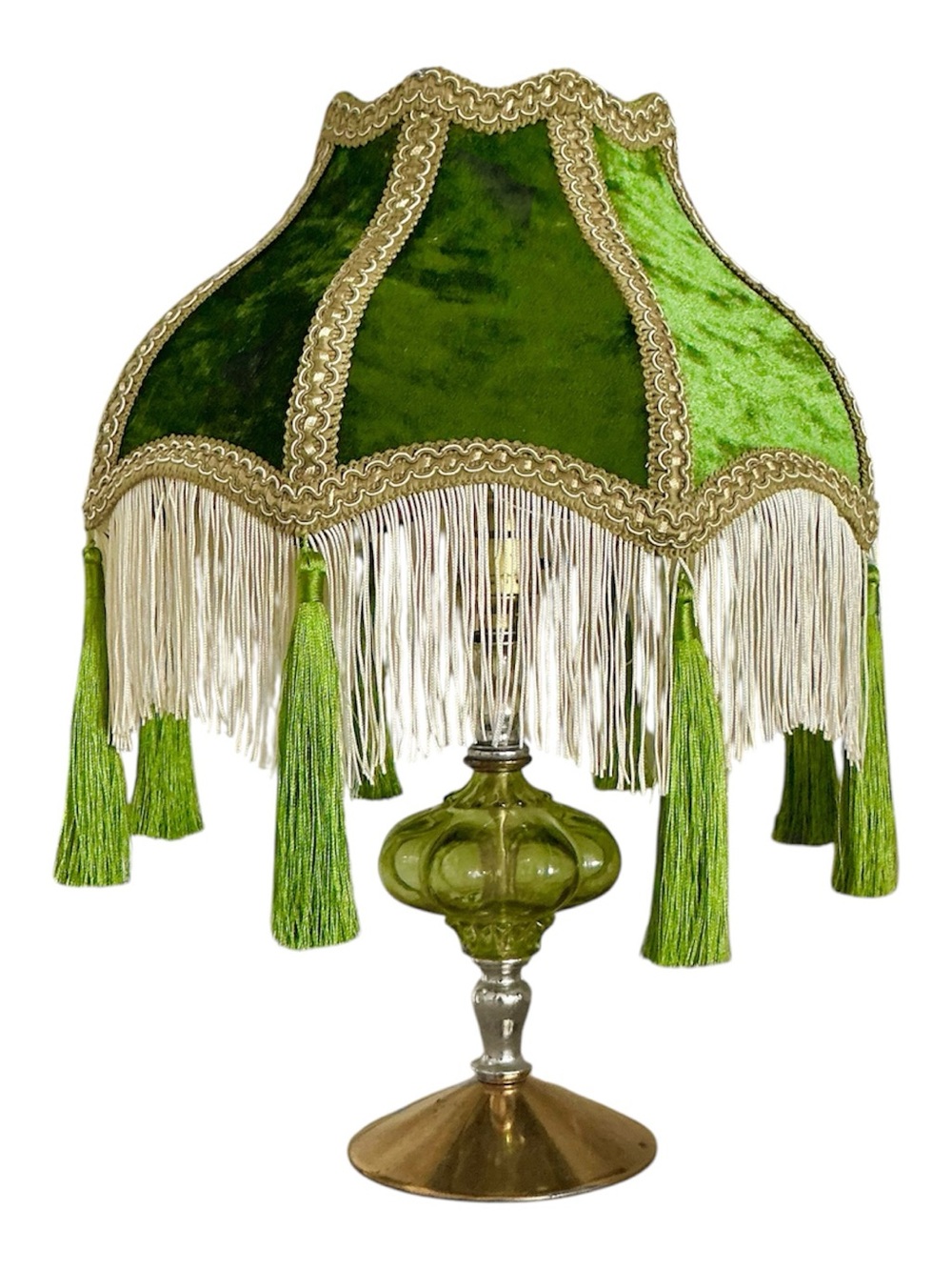 Green Vintage antique tassel Fringe crushed velvet Lamp gold bronze glass
